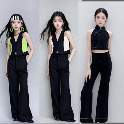 儿童模特形体走秀潮服女童酷潮服高端车模T台服装黑色套装演出服