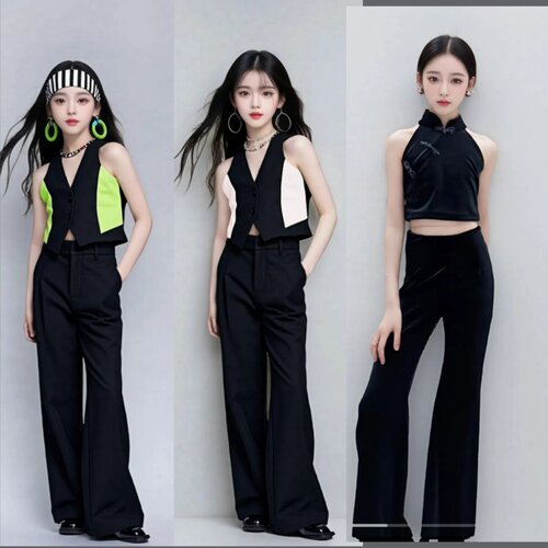 儿童模特形体走秀潮服女童酷潮服高端车模T台服装黑色套装演出服
