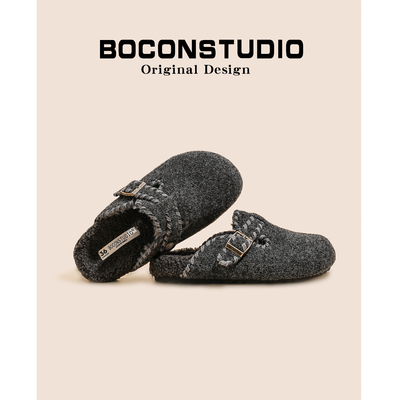 加绒灰色勃肯鞋女外穿2025新款秋冬保暖毛毛鞋厚底毛毡包头拖鞋子