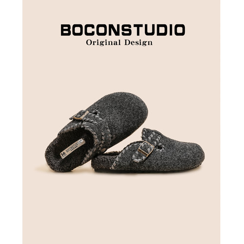 加绒灰色勃肯鞋女外穿2025新款秋冬保暖毛毛鞋厚底毛毡包头拖鞋子