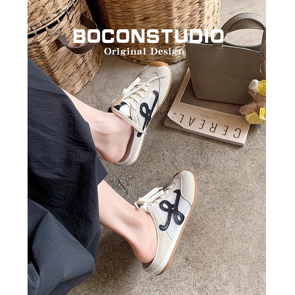 羊皮版~厚底包头半拖鞋女夏外穿凉拖歪头一脚蹬透气网面德训鞋子