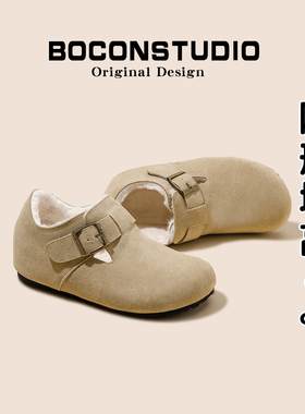 内增高6cm~加绒勃肯鞋全包毛毛鞋女秋冬棉鞋雪地靴真皮厚底博肯鞋