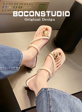 羊皮版~细带白色夹趾拖鞋女夏外穿平底露趾凉拖一字带低跟凉鞋子