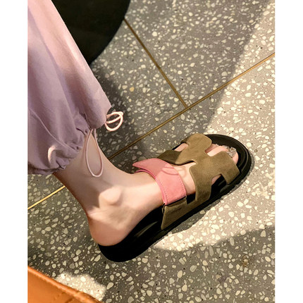 【勃肯家族】二舅H拖鞋女夏季外穿真皮厚底魔术贴平底女式凉拖鞋