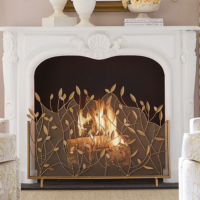 金色树枝树叶艺术造型壁炉屏风架室内装饰架子防烫壁炉隔断架定制