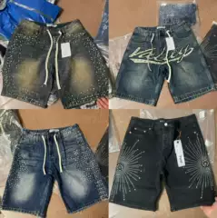 American Vintage Rhinestone Denim Shorts for Men - Valley Design Loose Straight-Leg Five-Point Pants