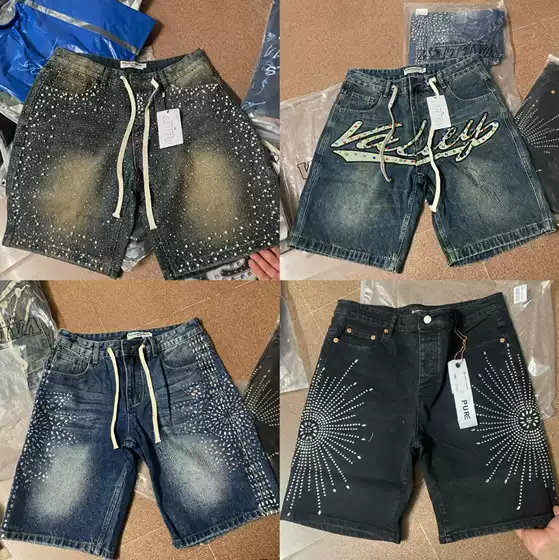American Vintage Rhinestone Denim Shorts for Men - Valley Design Loose Straight-Leg Five-Point Pants