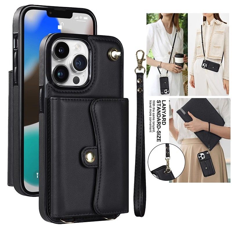 高档皮质斜挎零钱卡包适用苹果17promax手机壳15plus插卡带挂绳iPhone14/13pro新款12创意16pm全包防摔保护套