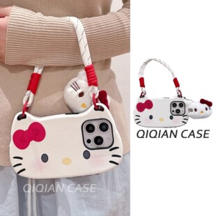 可爱HelloKitty猫适用苹果16promax手机壳15pro简约少女心iPhone14pro新款 皮质13手提包包16pm全包防摔保护套