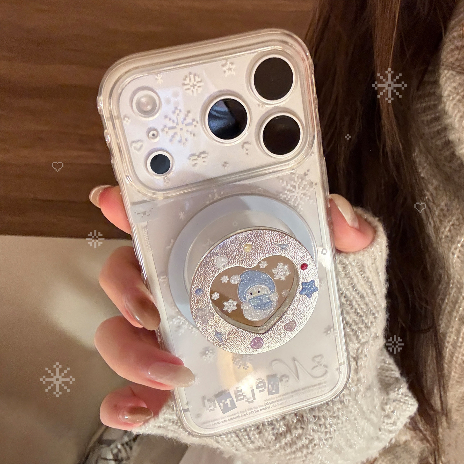 闪粉雪人磁吸支架透明苹果保护套