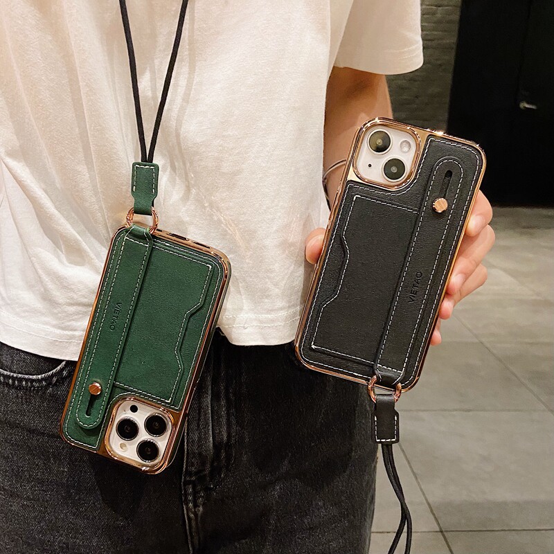 高级感皮质插卡套包腕带适用苹果17promax手机壳iPhone14/13/12pro斜挎带挂绳15plus创意小众16pm防摔保护套