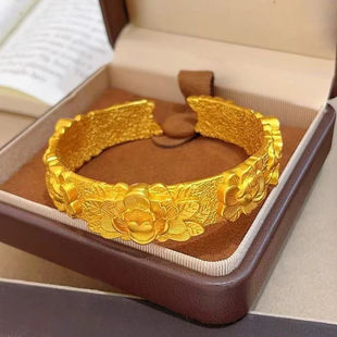 牡丹花手镯古法金色錾刻高级感设计女款新中式国潮风金店同款首饰