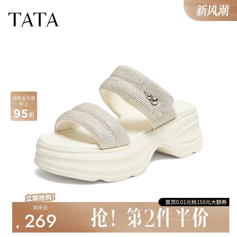 TATA他她一字拖2026夏季新款女鞋百搭时尚厚底休闲凉拖鞋CPK02BT6图片