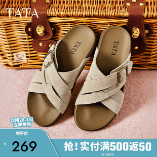 女鞋 凉鞋 TATA他她复古休闲拖鞋 真皮勃肯鞋 CN301BT5 2025夏季 新款