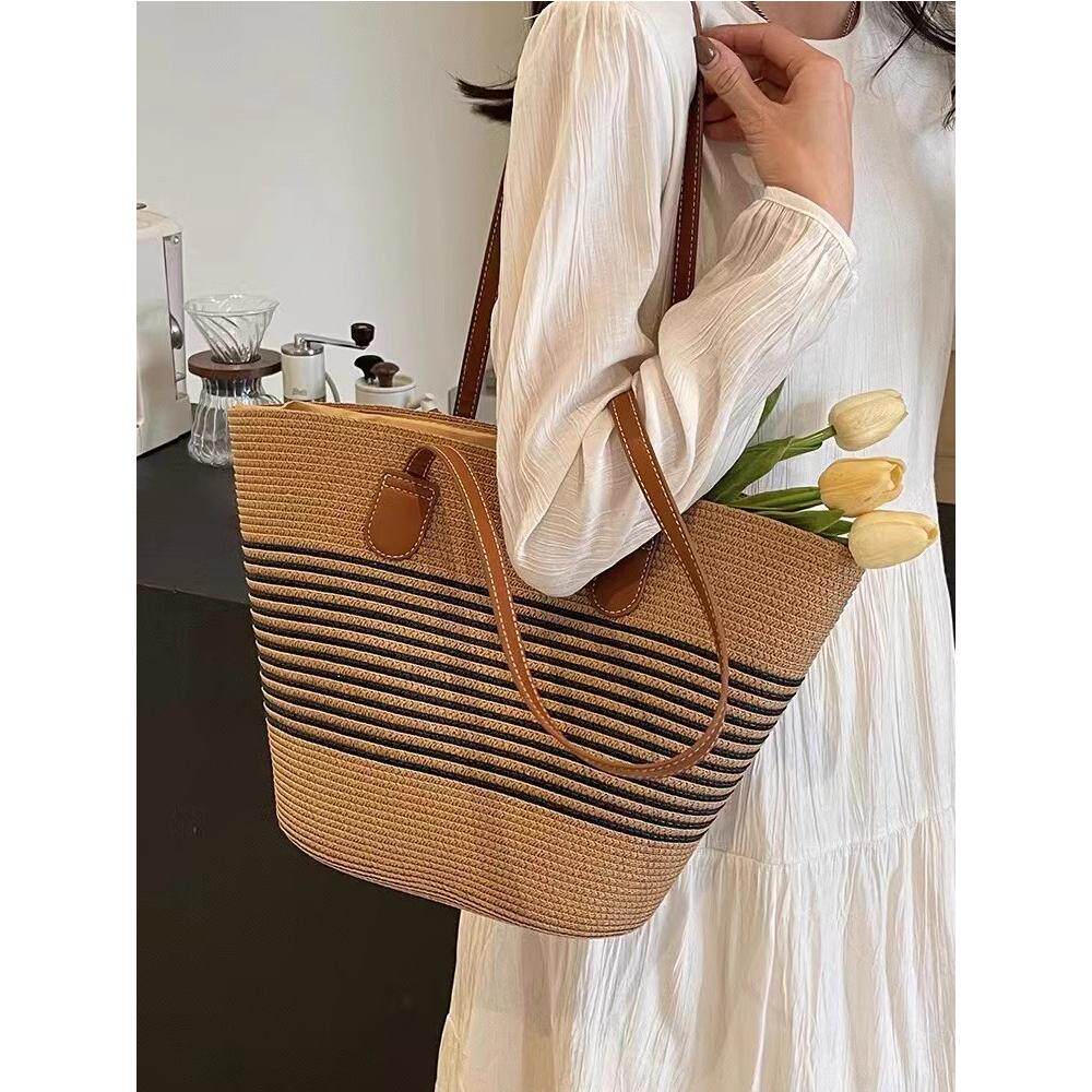 2025编织草编包夏季新款通勤大容量条纹单肩百搭时尚沙滩包包女士