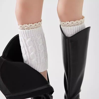 白色蕾丝长筒袜搭配靴子袜子女堆堆小腿袜长靴腿套短靴过膝盖袜套