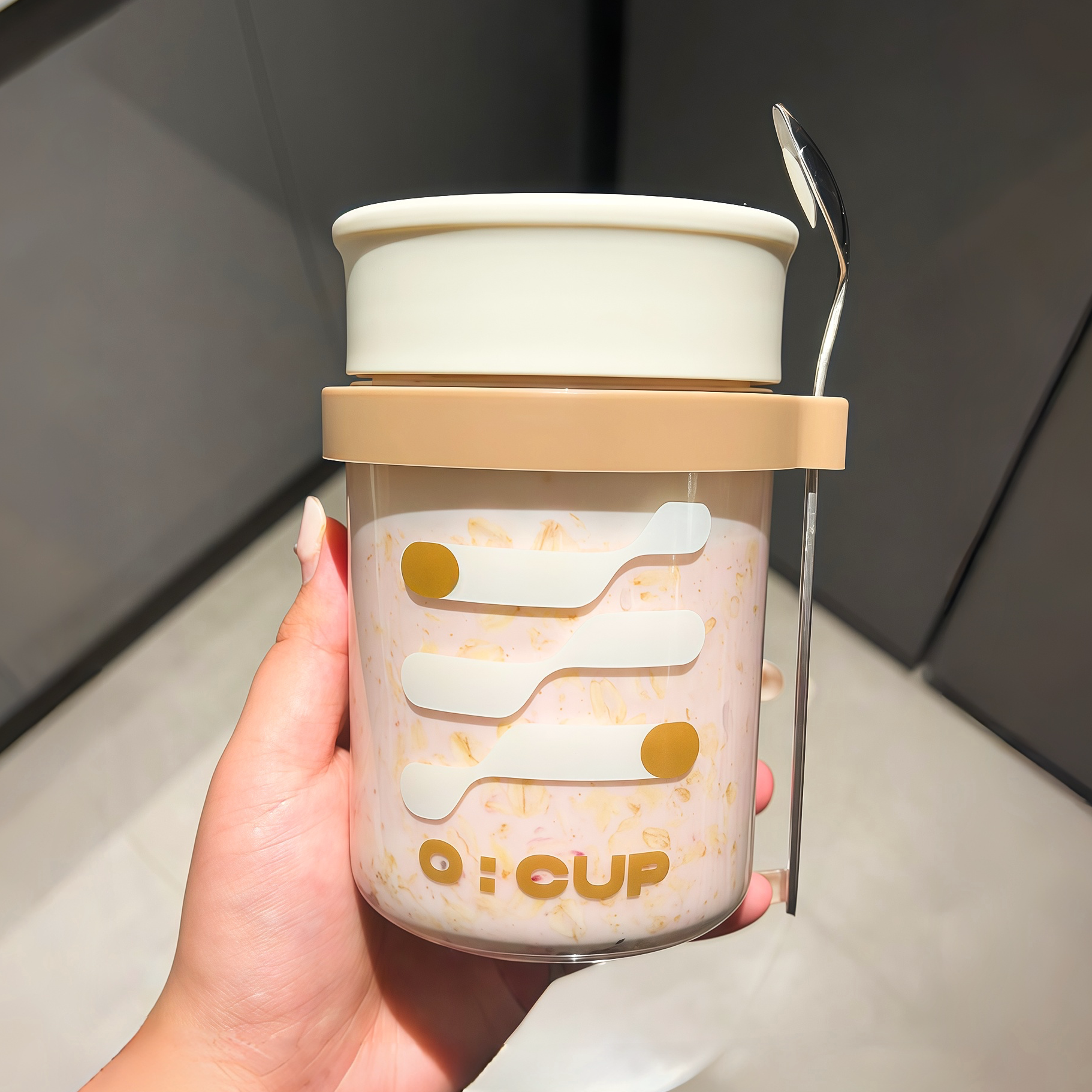 带盖勺便携玻璃隔夜燕麦杯