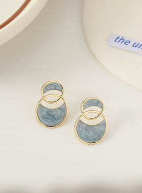 S925银针复古法式蓝色几何耳环女2022年新款潮港风耳钉耳饰品E198