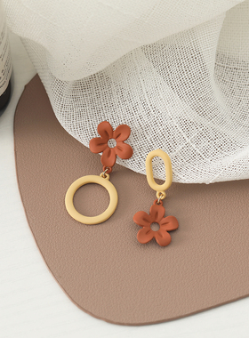 S925银针简约秋冬撞色花朵耳环女2022年新款潮气质高级感耳钉A164