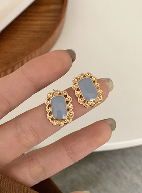 S925银针日韩简约气质几何蓝色耳钉女2022新款潮小众设计耳环E174