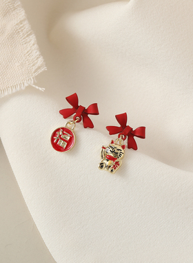 S925银针新年红色喜庆蝴蝶结耳环女2022年新款潮过年耳钉耳夹B173