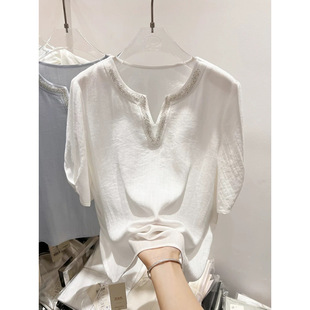 小衫 2026新款 上衣女夏季 气质纯色圆领开叉镶钻纯色套头短袖 法式