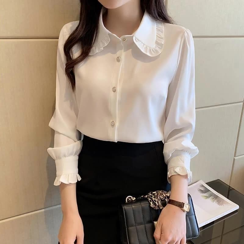 2025年春秋新款气质时尚白雪纺衬衫女夏季长袖娃娃领衬衣薄款上衣