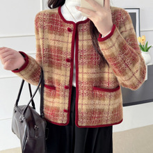 小香风格子短款休闲百搭外套女春秋高端设计感圆领针织开衫外套潮
