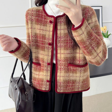 小香风格子短款休闲百搭外套女春秋高端设计感圆领针织开衫外套潮