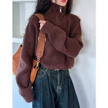 设计感半高领拉链红色针织衫女韩系秋冬新款高腰毛衣宽松加厚外套