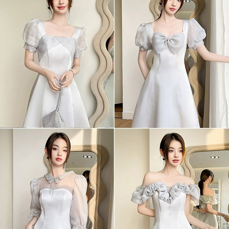 灰色伴娘服2025新款夏季长款名媛公主风缎面小个子姐妹团礼服裙女