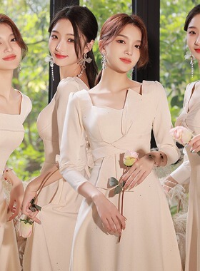 伴娘服2025新款夏季长袖缎面晚礼服冬天姐妹团伴娘裙香槟色高级感