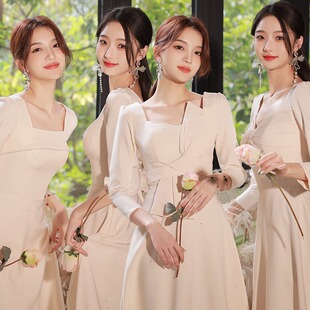 伴娘服2026新款夏季长袖缎面晚礼服冬天姐妹团伴娘裙香槟色高级感