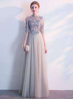 长款灰色礼服2026秋冬新款主持人宴会修身性感演出毕业礼服连衣裙