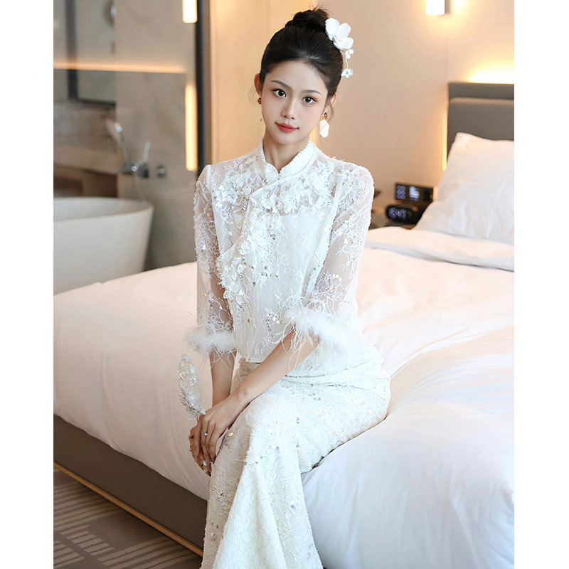 订婚礼服新中式领证登记连衣裙敬酒服2025新款新娘套装白色旗袍女