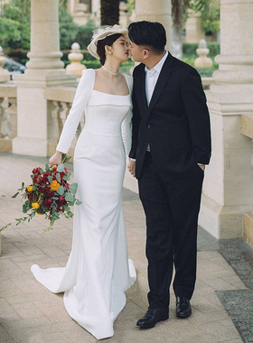 法式缎面轻婚纱新娘气质简约长袖复古鱼尾出门纱冬季结婚迎宾礼服