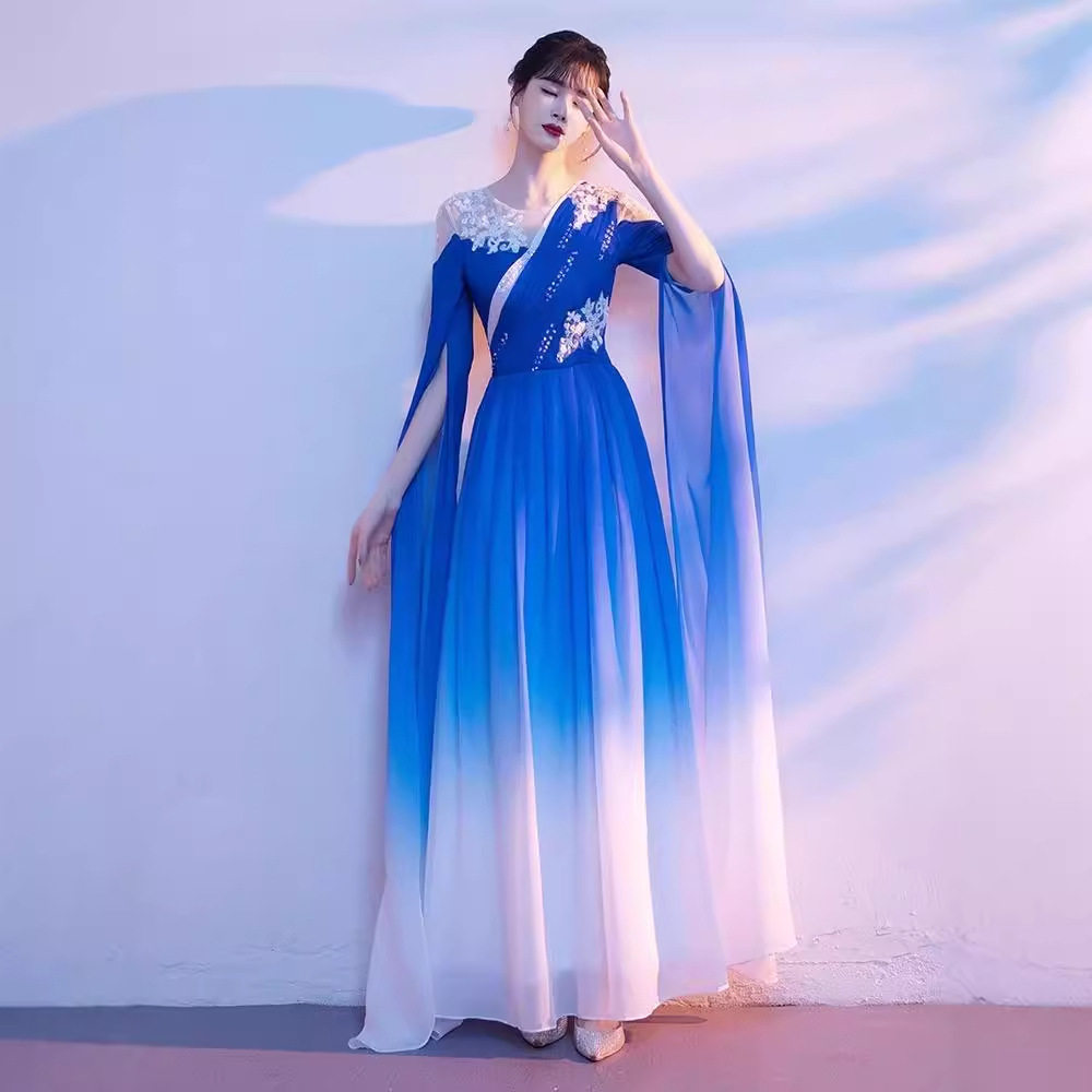 大合唱团演出服成人女装2026新款古筝比赛声乐表演蓝色渐变长裙