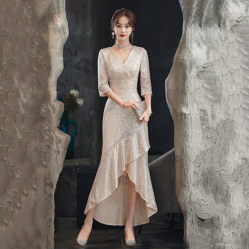 主持人礼服女2025新款秋冬宴会名媛气质收腰鱼尾香槟色年会晚礼服