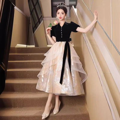 黑色晚礼服裙女2024新款宴会高级感小个子成人礼轻奢小众高端气质