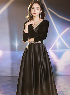 黑色晚礼服女法师深V气质缎面礼服新款长袖生日宴会高端大气礼服
