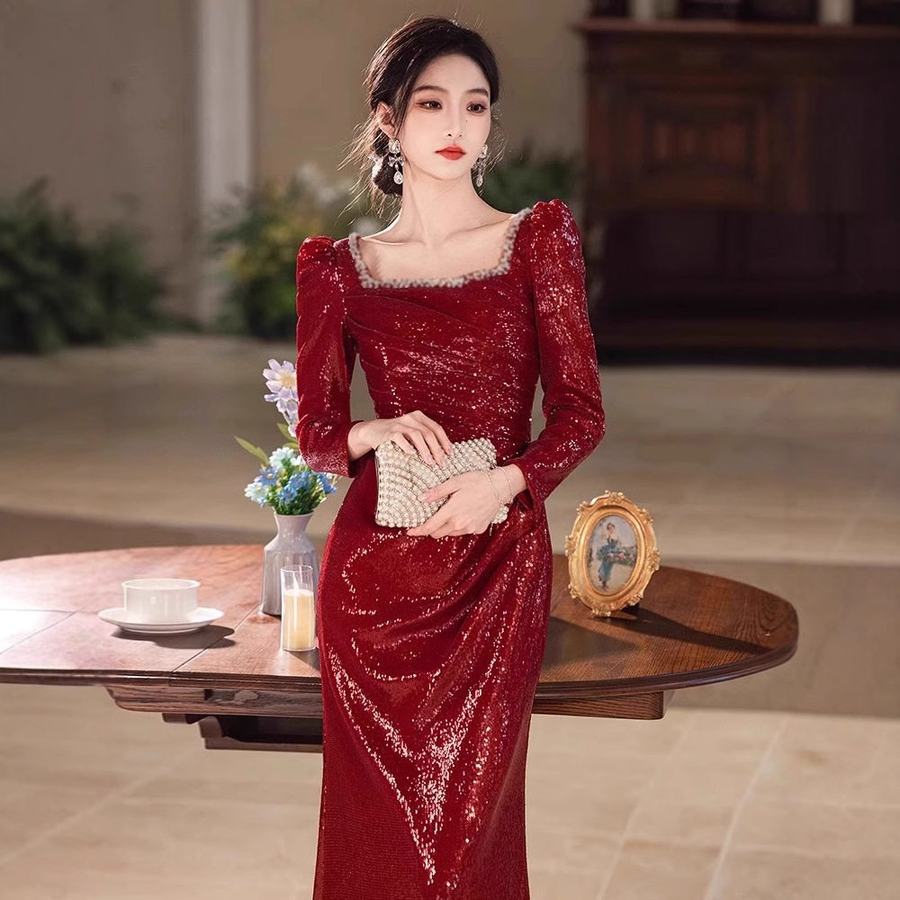 红色主持人晚礼服学生艺考修身长袖演出服生日聚会写真新款鱼尾裙