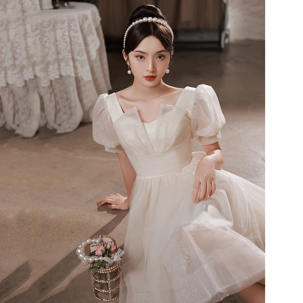 小个子晚礼服女2025新款夏季香槟色短款法式仙气生日主持人连衣裙