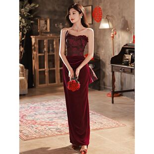 抹胸敬酒服新娘结婚回门出阁宴晚礼服欧美感鱼尾红色订婚裙女冬季