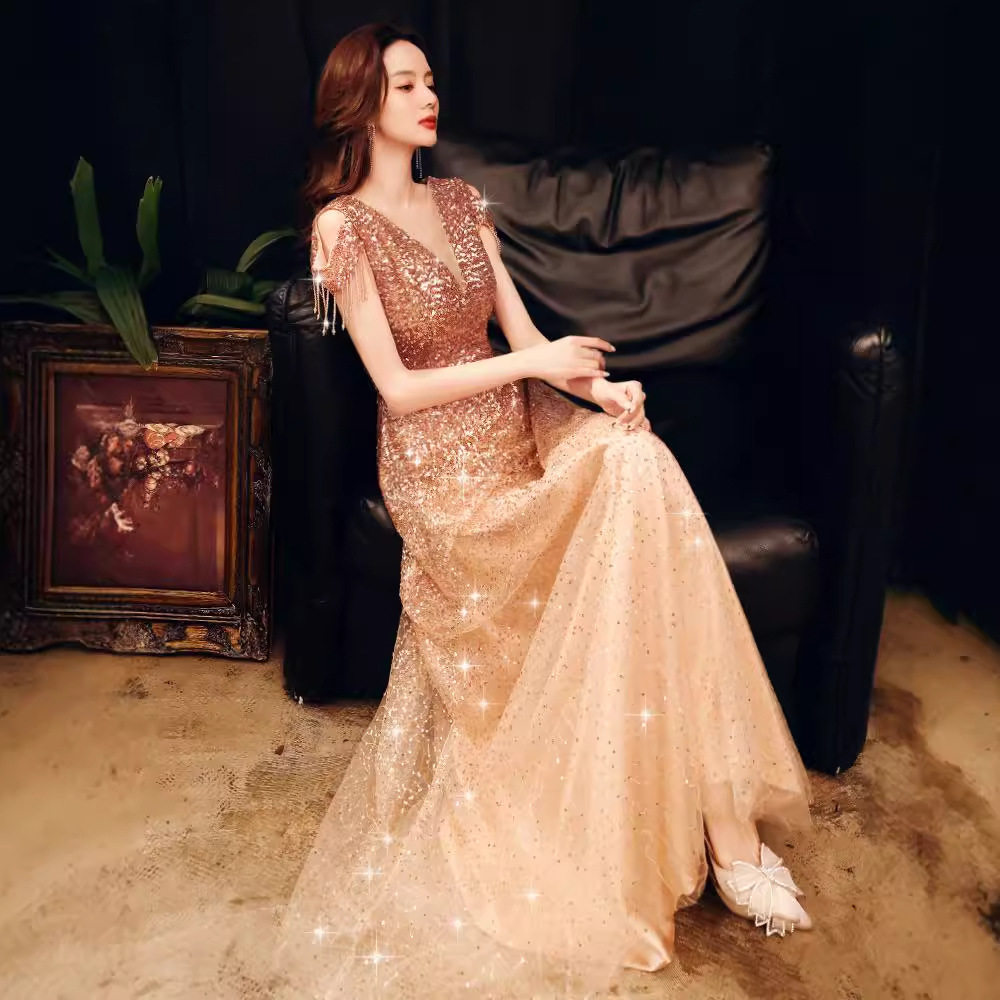 宴会晚礼服2026新款亮片修身显瘦名媛学生艺考主持人年会气质礼服