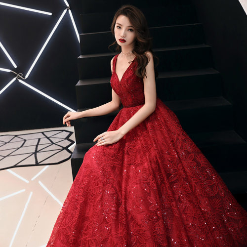 敬酒服新娘2026夏季新款结婚酒红色V领年会主持人晚礼服裙女长款
