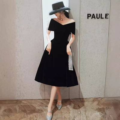 黑色晚礼服裙女大码可穿显瘦一字肩高端气质晚宴年会小礼服主持人