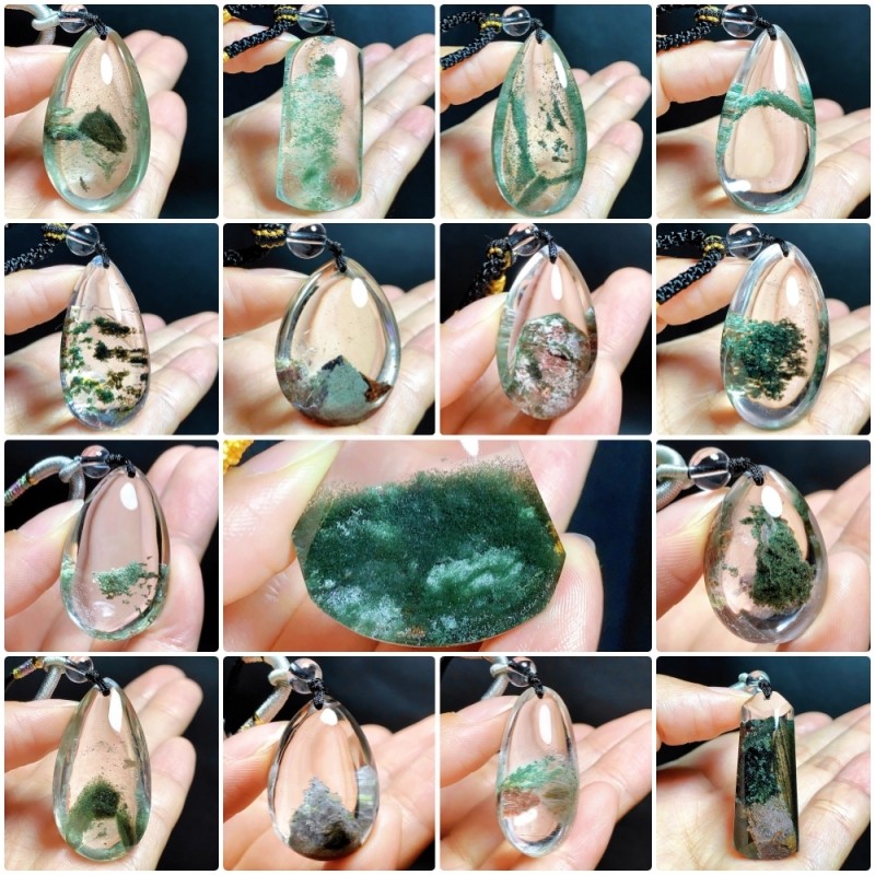 天然绿幽灵水晶吊坠聚宝盆毛衣链