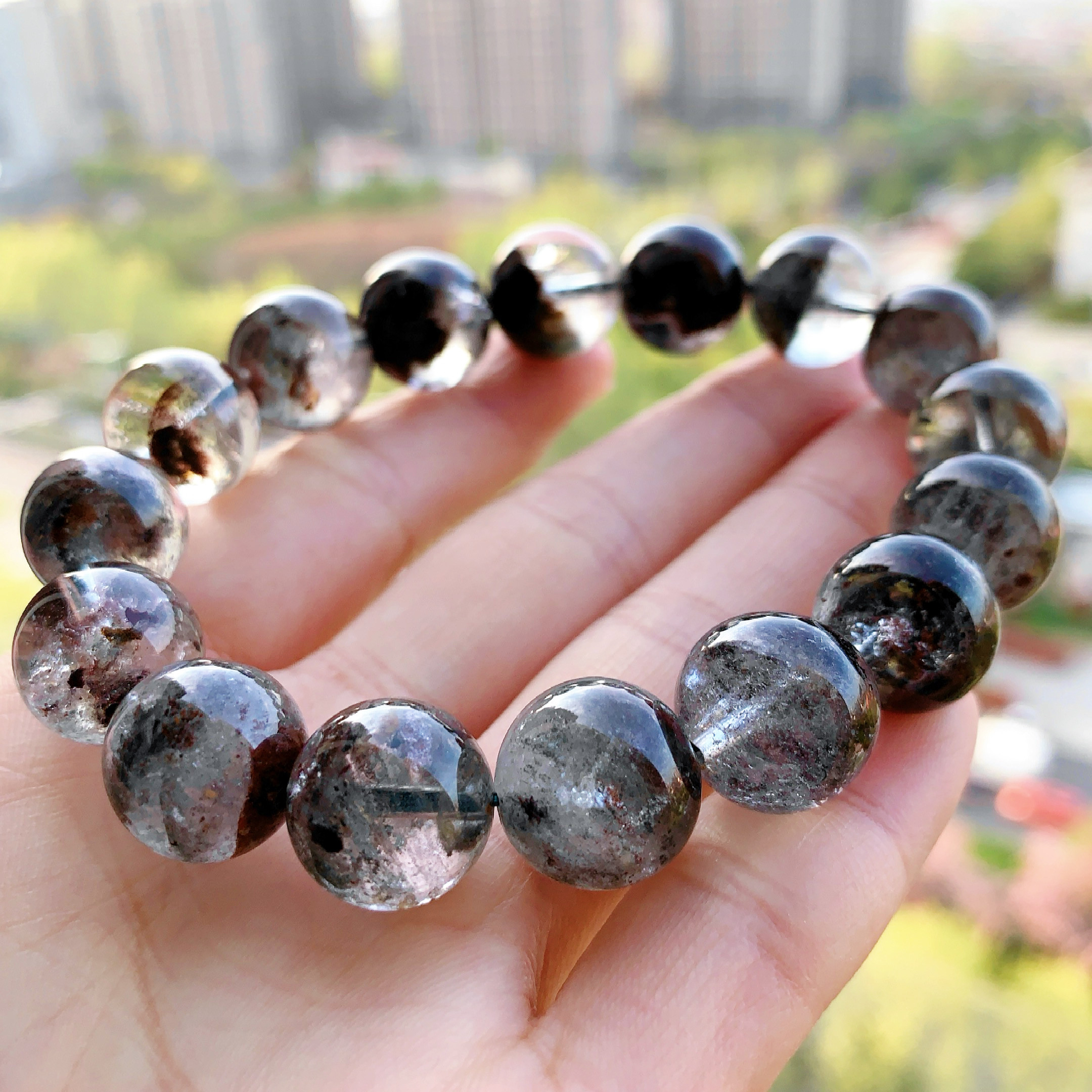 天然绿幽灵水晶手链一物一图13.8mm男女款聚宝盆手串时尚百搭饰品