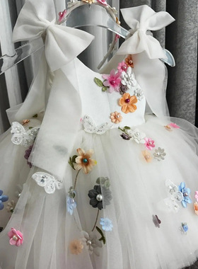 儿童礼服花朵钉珠白色中小童蓬蓬纱裙女童花仙子无袖公主裙