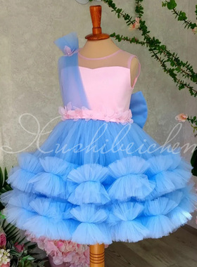 Princess Dress女童无袖礼服新款中小童花朵蛋糕公主裙子蓝色网纱